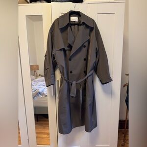 The Frankie Shop Double-Breasted Trench Coat in Charcoal